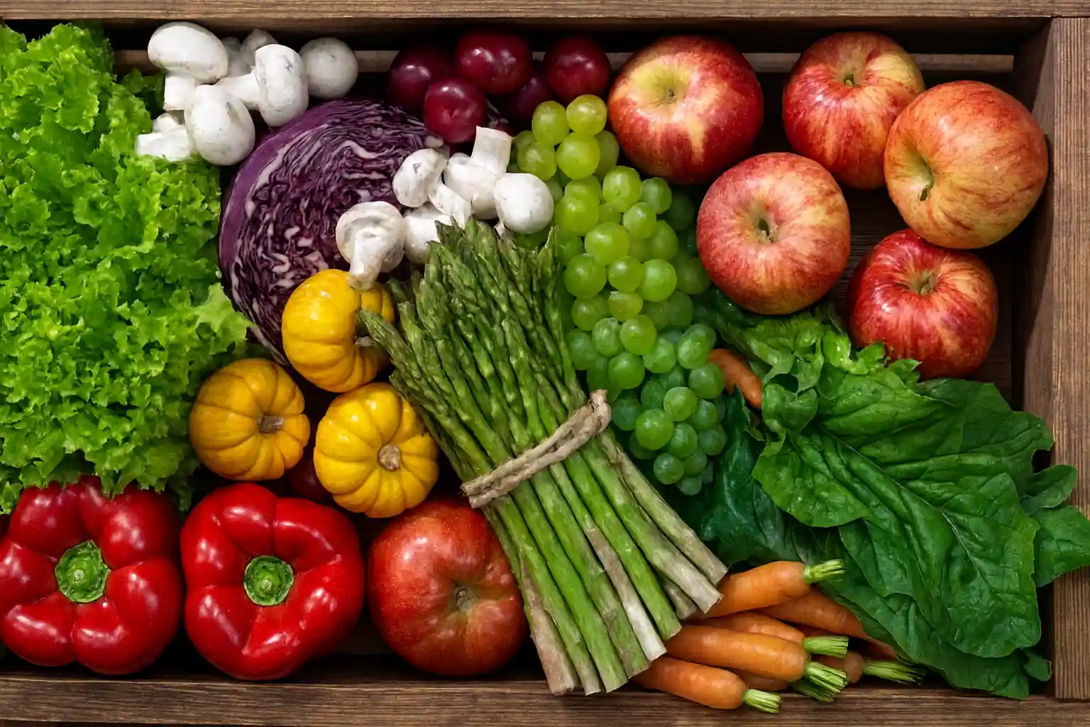 Aliments anticancer : légumes crucifères, fruits rouges, tomates, ail et huile d'olive sur table